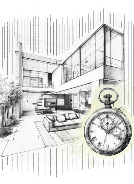 Boceto artístico de un diseño arquitectónico moderno en Madrid, resaltando la planificación y decoración de espacios interiores y exteriores.