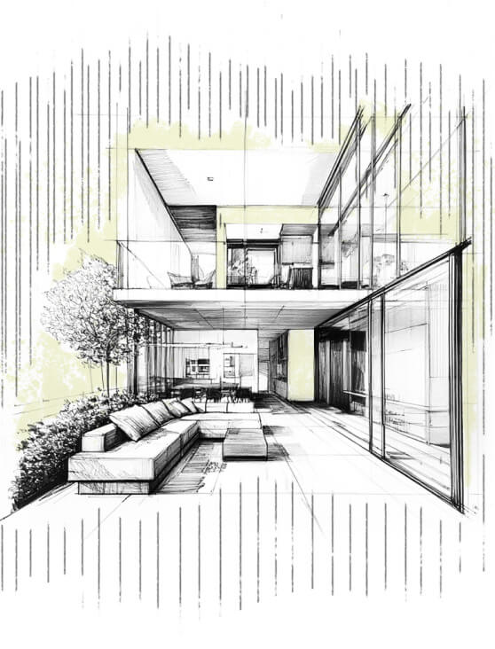 Boceto de reforma integral en Madrid con diseño moderno y zona exterior acristalada.