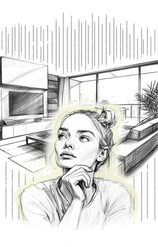 Mujer pensando en el diseño de una reforma de oficina en Madrid con un fondo moderno y luminoso.