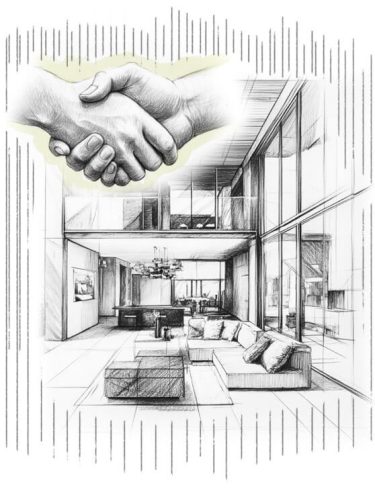 interiorista-madrid-proyectos-exclusivos Boceto artístico de un diseño de interiores en Madrid, simbolizando colaboración y proyectos exclusivos en espacios modernos y elegantes